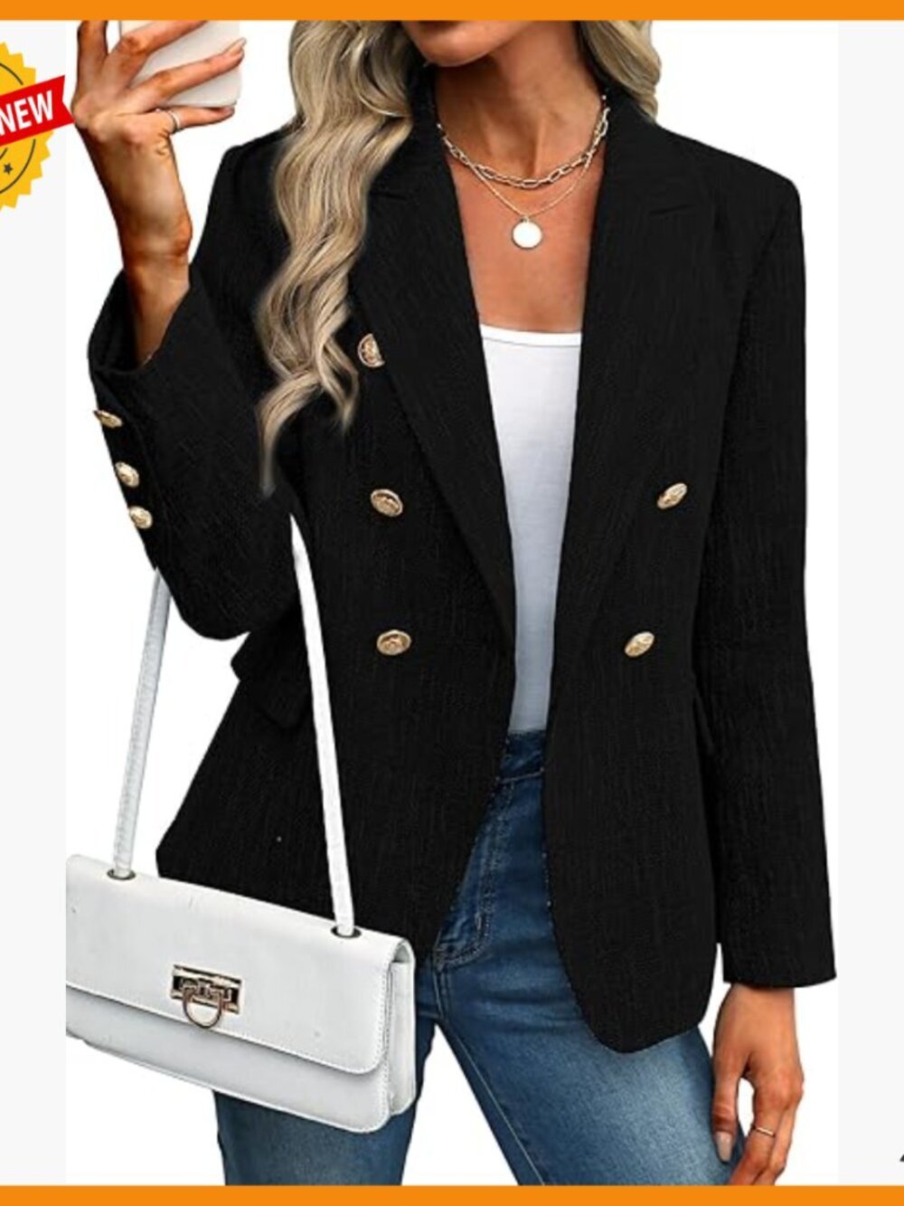 Tweed Blazer Double Breasted Business Casual Jacket Open Front